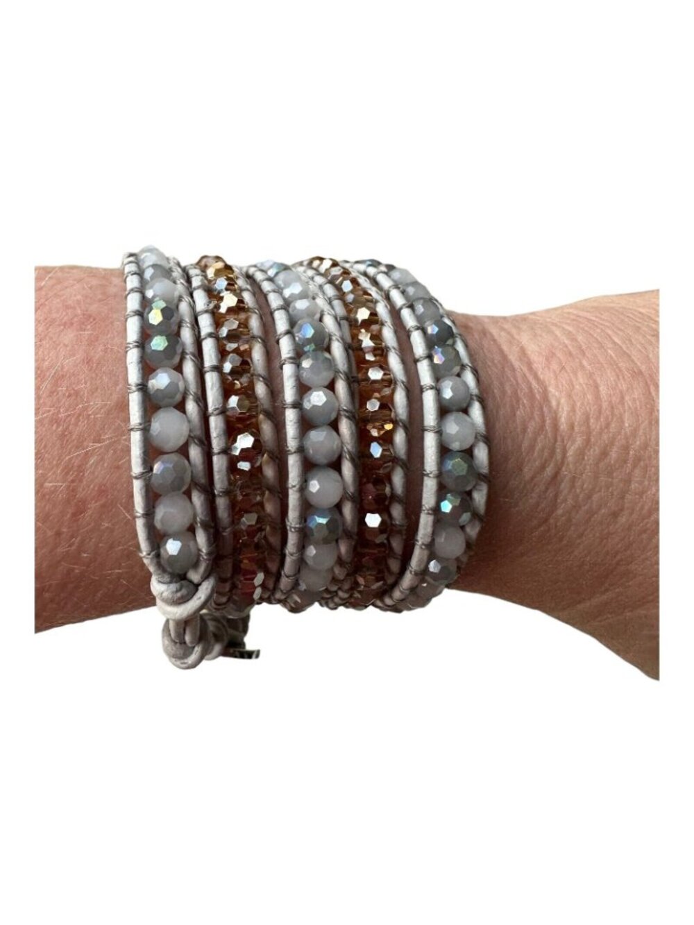 Victoria Emerson Leather Wrap Bracelet Quartz Crystal Beads 36" White Rose Gold - Picture 8 of 16